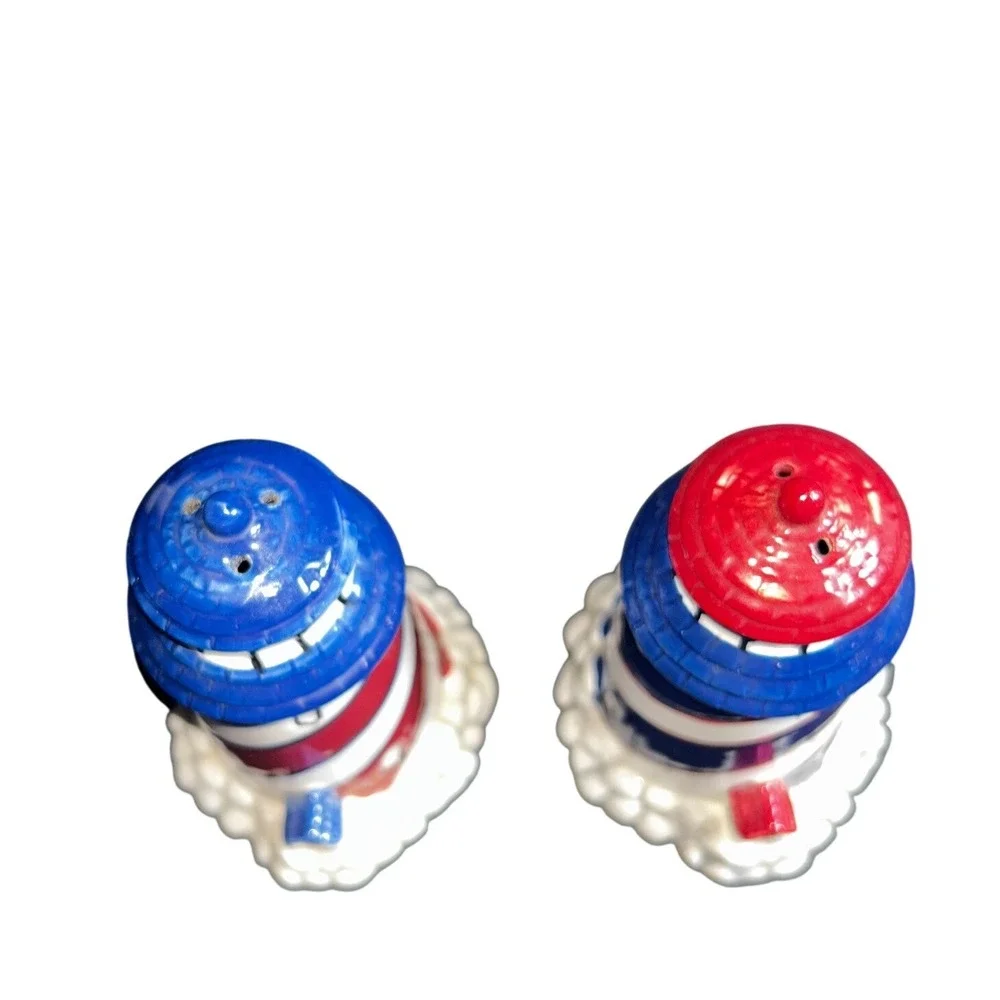 Nautical‎ Lighthouse Salt Pepper Shakers Red Blue White Ceramic Coastal Decor